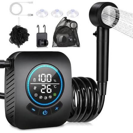Black portable pump shower with round digital touch panel, coiled hose, handheld head, suction cups, hook, sponge and mesh bag