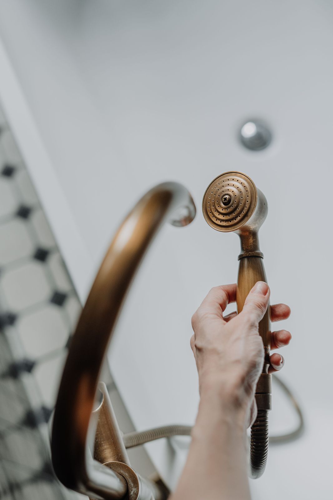 Hand holding an antique bronze handheld shower head beside a curved bronze bath spout