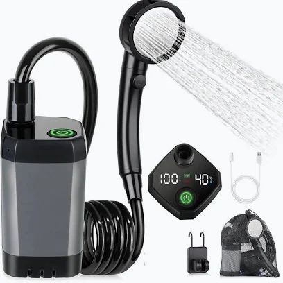 Black and grey rechargeable portable pump shower with handheld spray head, coiled hose, digital display panel, hanging hook and mesh carry bag